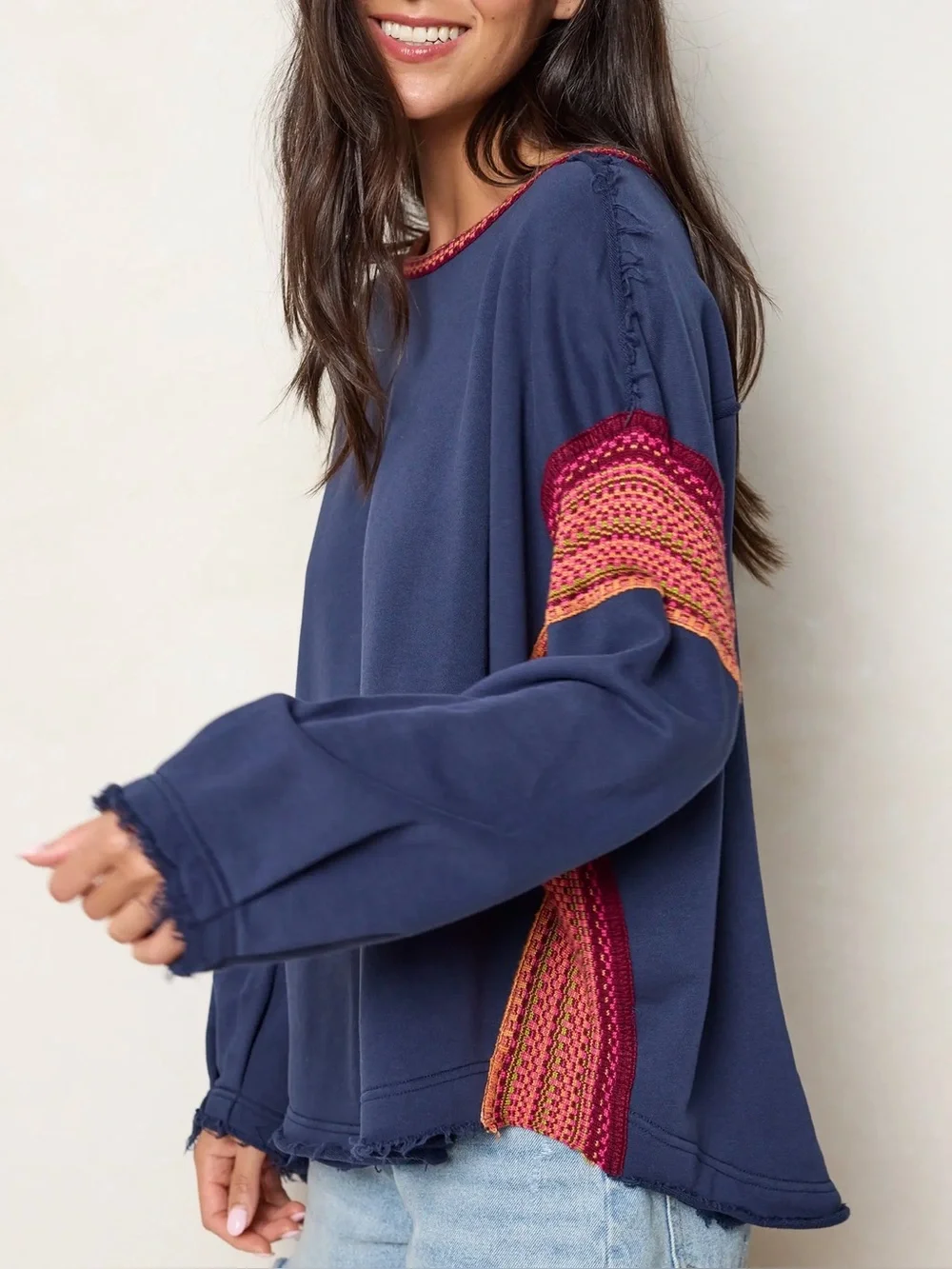 Natural Life Knit Trim Sweatshirt Large / XL navy boho oversized lightweight - Picture 2 of 11